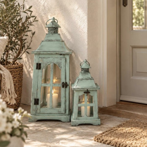 Set dvoch drevených lampášov Provence Mint